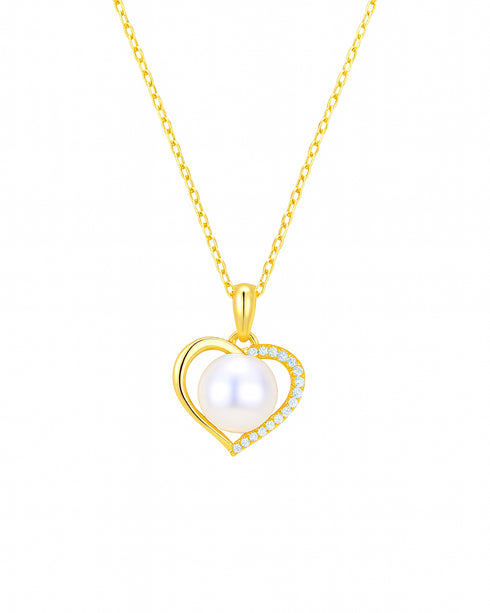 Exquisite Heart Zirconia Pearl Pendant Necklace - Gold Vermeil